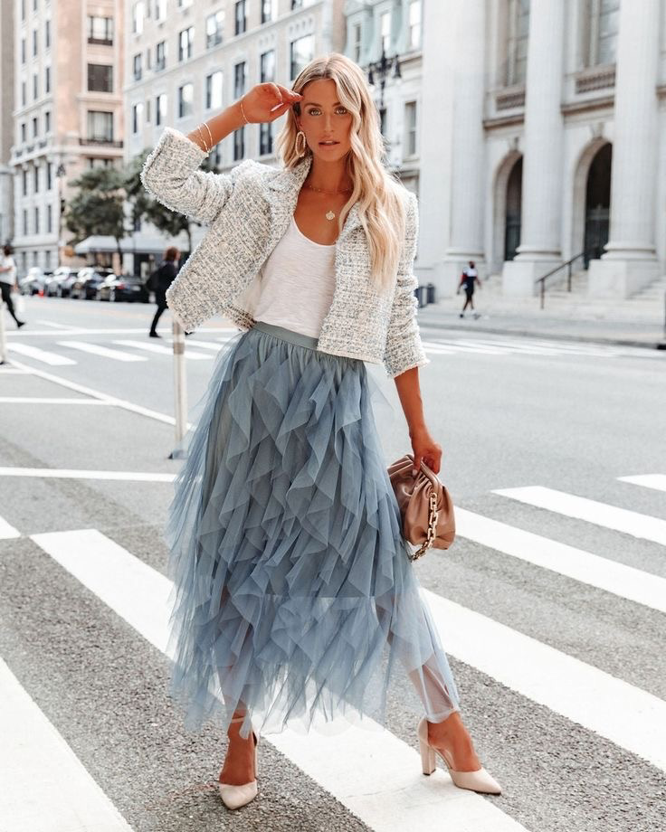 Layered Tulle Ruffle mesh Midi Skirt- Dusty Blue – Shape Wear Shop