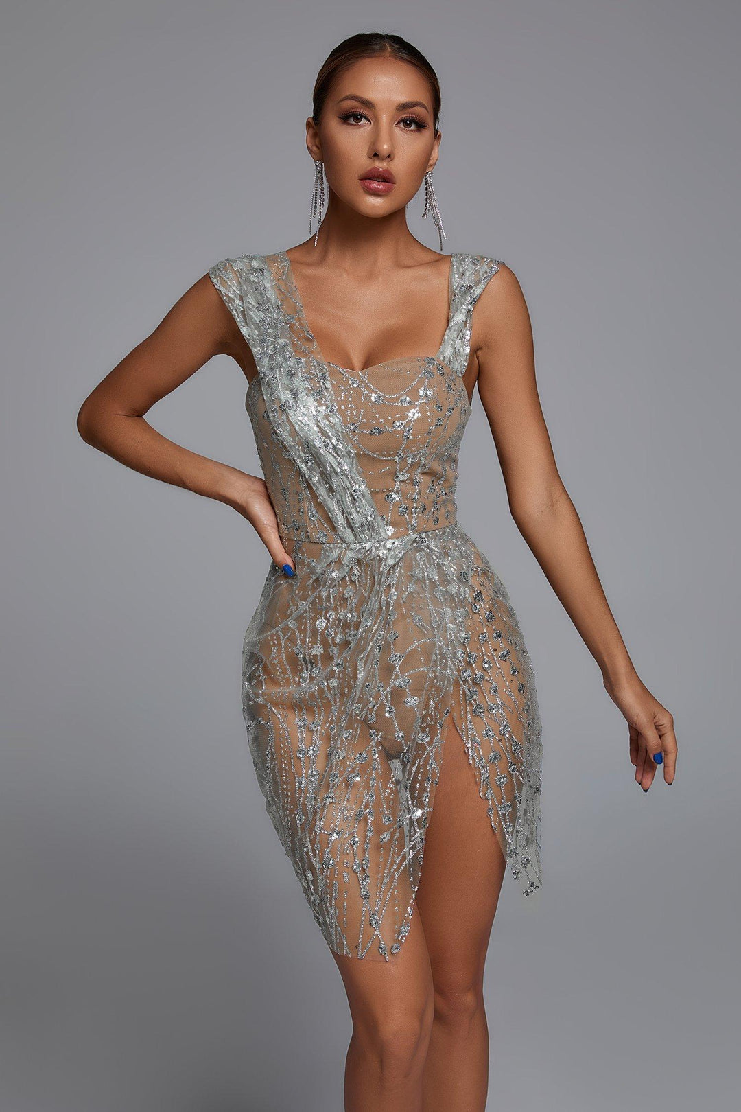Silver Glitter Mesh Mini Dress - Miss Molly brandaos-init aos-animate