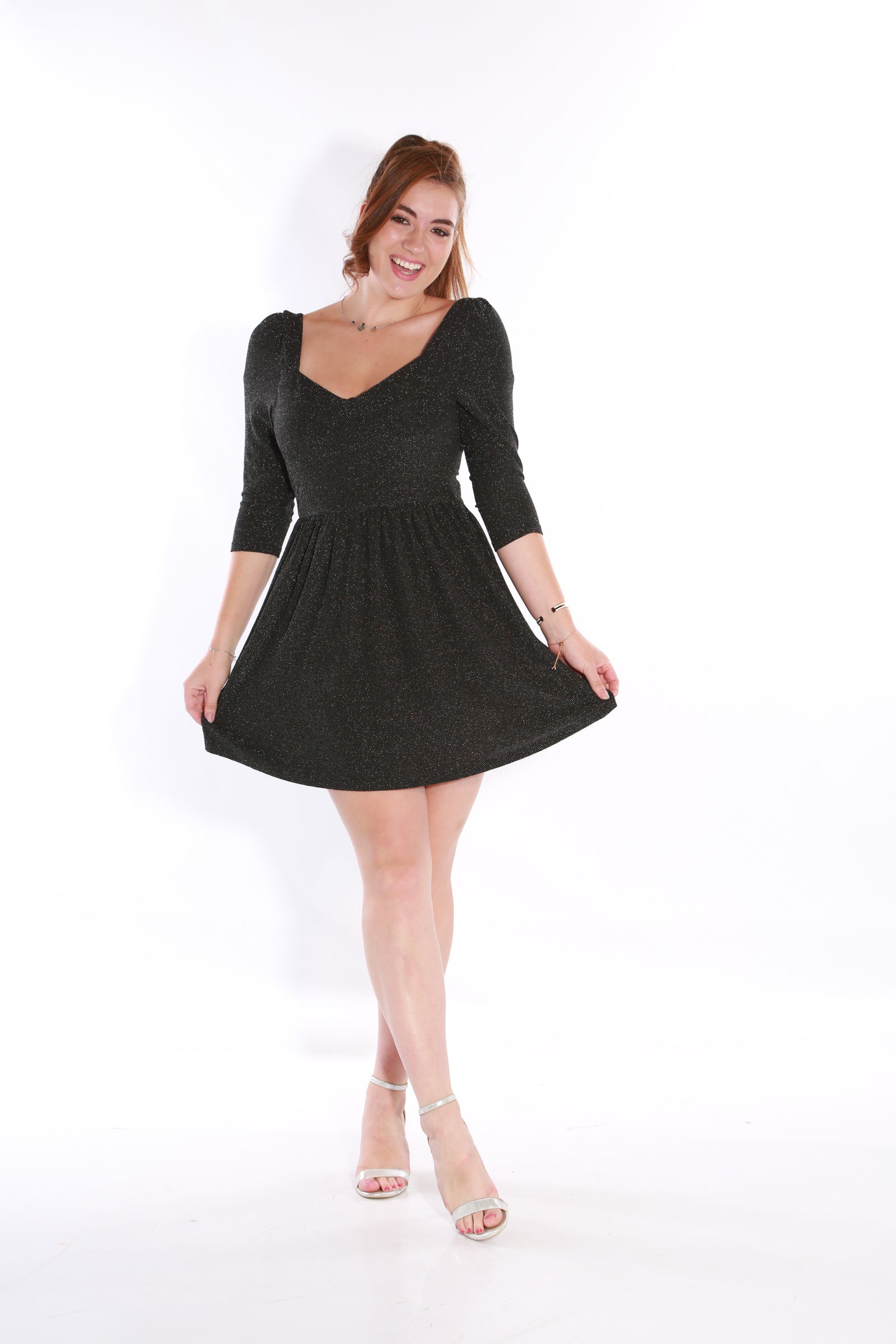 Women Black Printed Dress With Three Quarter Sleeves