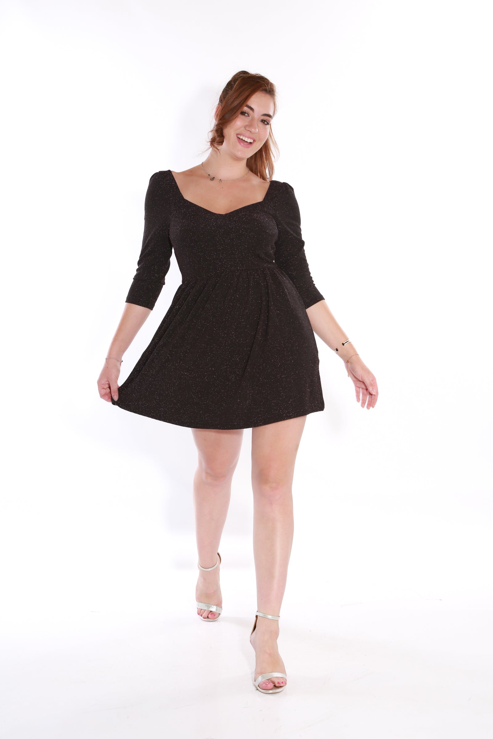 Black three quarter sleeve dress- Purple sparkle – Shape Wear Shop