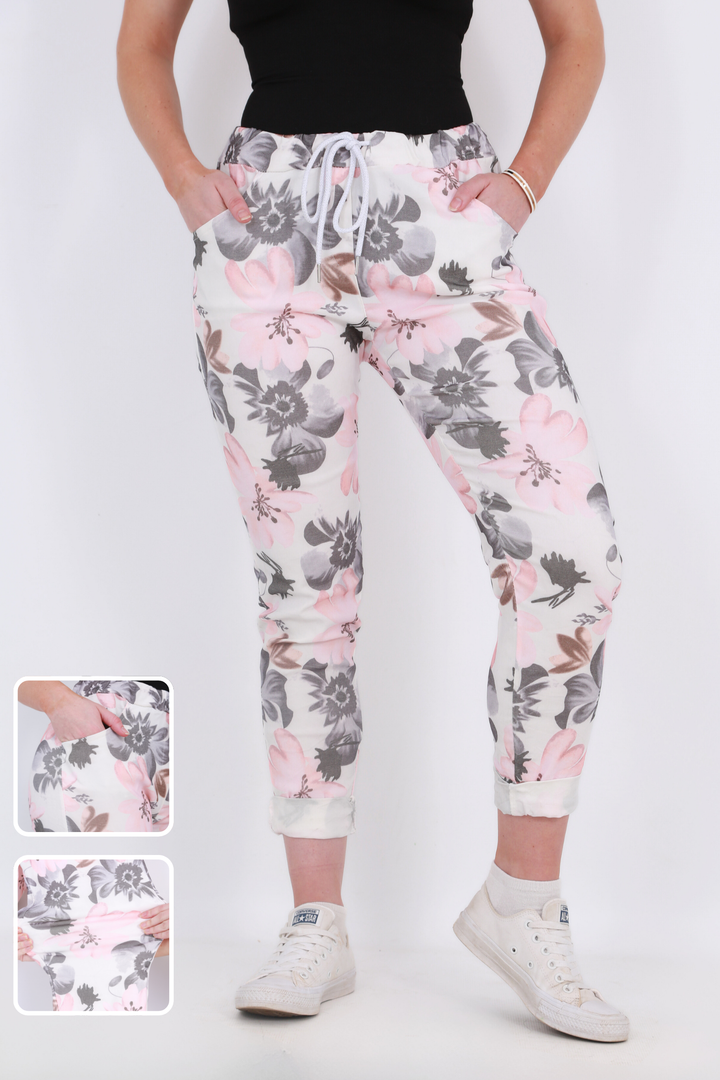 Made in Italy Magic Pants- Pink and Grey floralaos-init aos-animate