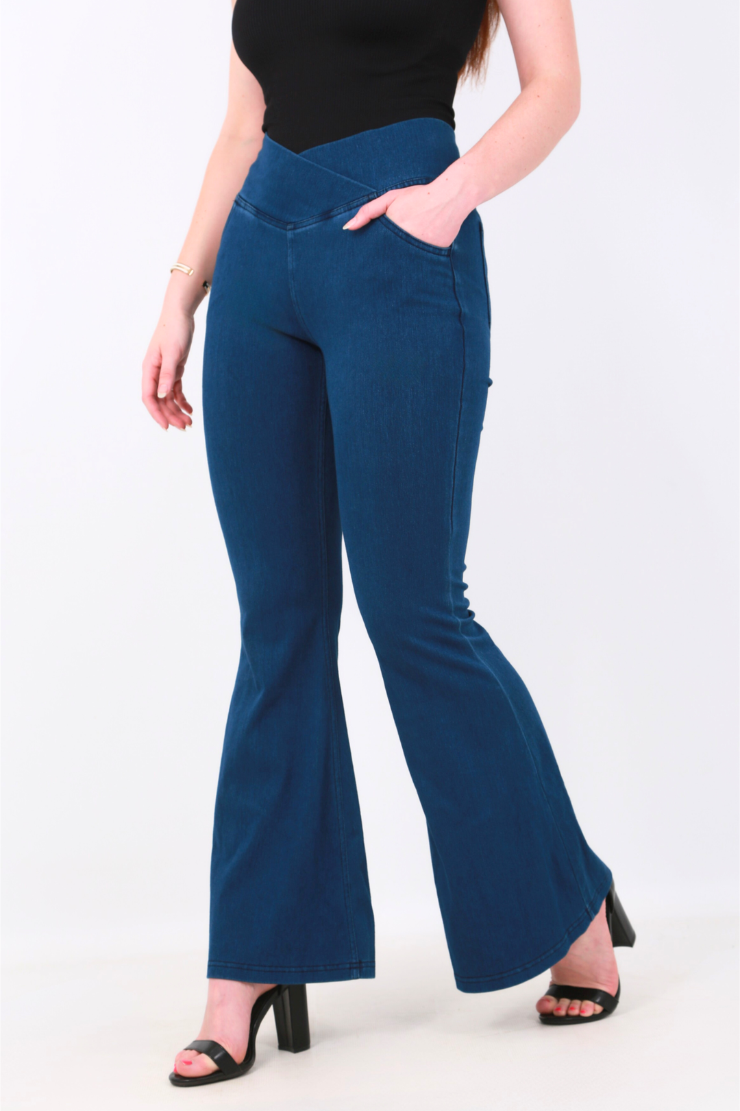 Snugz Crossover High waist Super Stretch Flare Jeggings- Dark Blueaos-init aos-animate