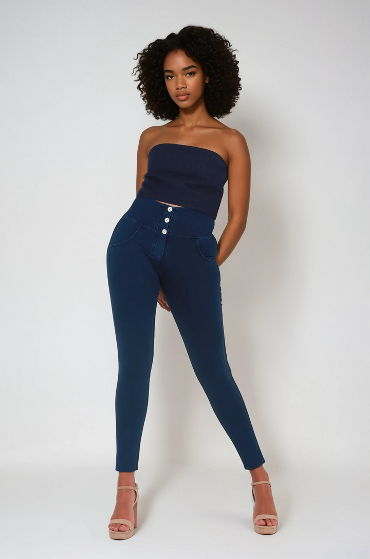 High waist Button up Butt lifting Shaping jeans Jeggings - Dark Blueaos-init aos-animate