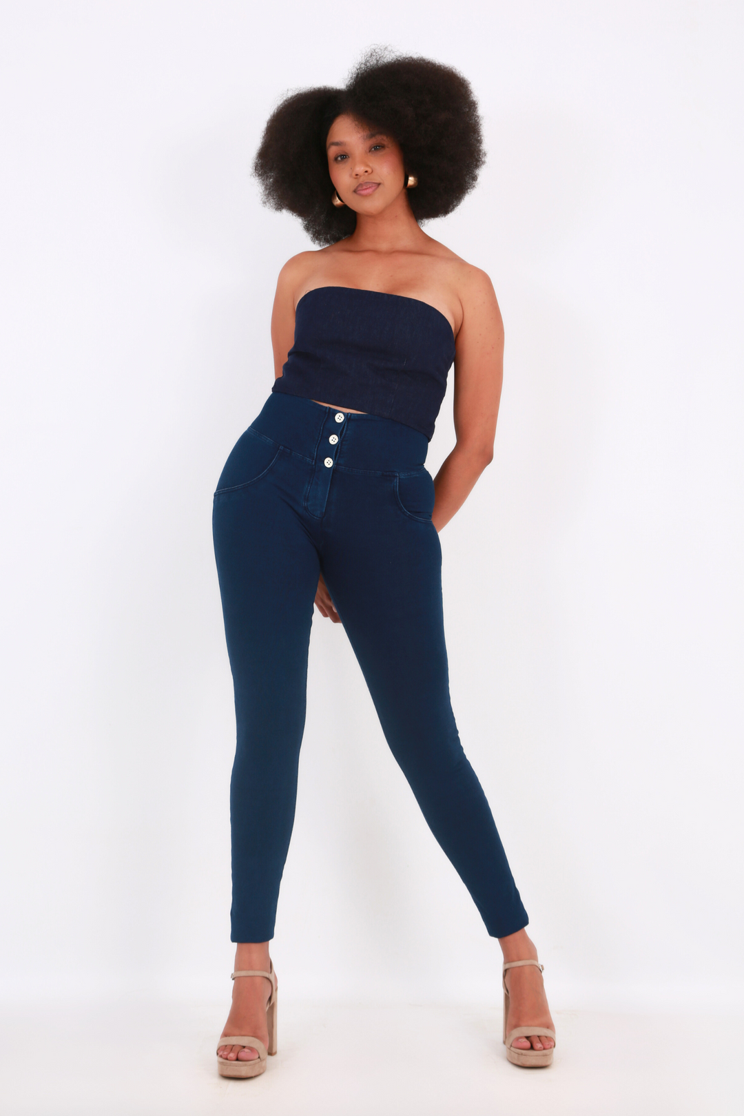 High waist Button up Butt lifting Shaping jeans Jeggings - Dark Blueaos-init aos-animate