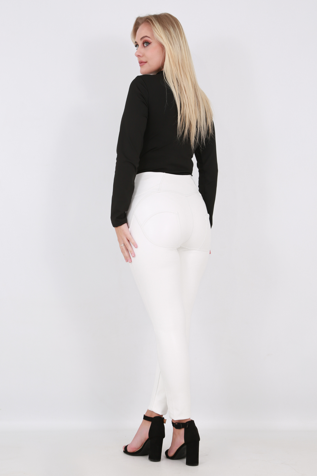 High Waist Butt Shaping leather stretch pants - Shiny Faux leather Whiteaos-init aos-animate