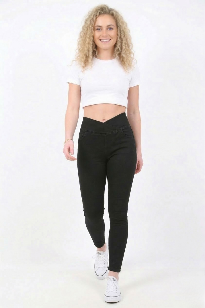 Snugz Crossover High waist Super Stretch Jeggings- Blackaos-init aos-animate