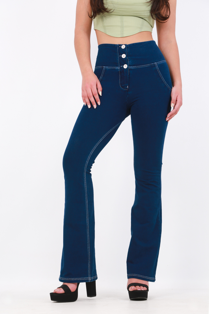 High waist Bootleg Butt lifting Button Up Flare Shaping jeans/Jeggings -Dark Blueaos-init aos-animate