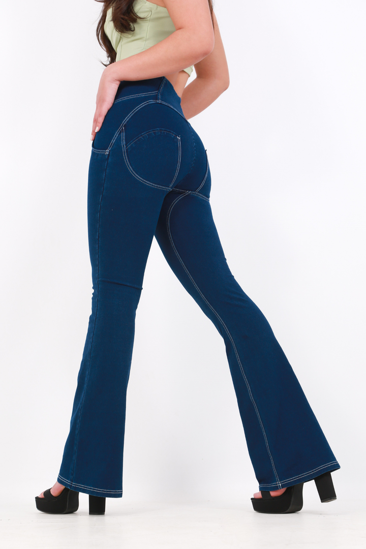 High waist Bootleg Butt lifting Button Up Flare Shaping jeans/Jeggings -Dark Blueaos-init aos-animate