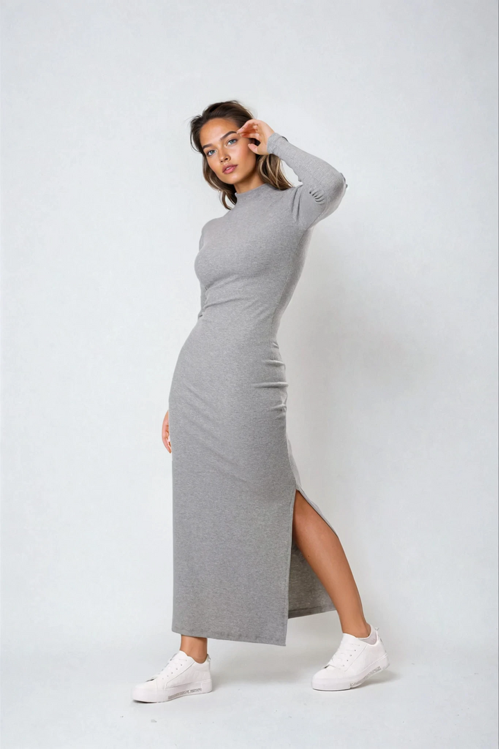 Ribbed Maxi winter dress Polar neck, greyaos-init aos-animate
