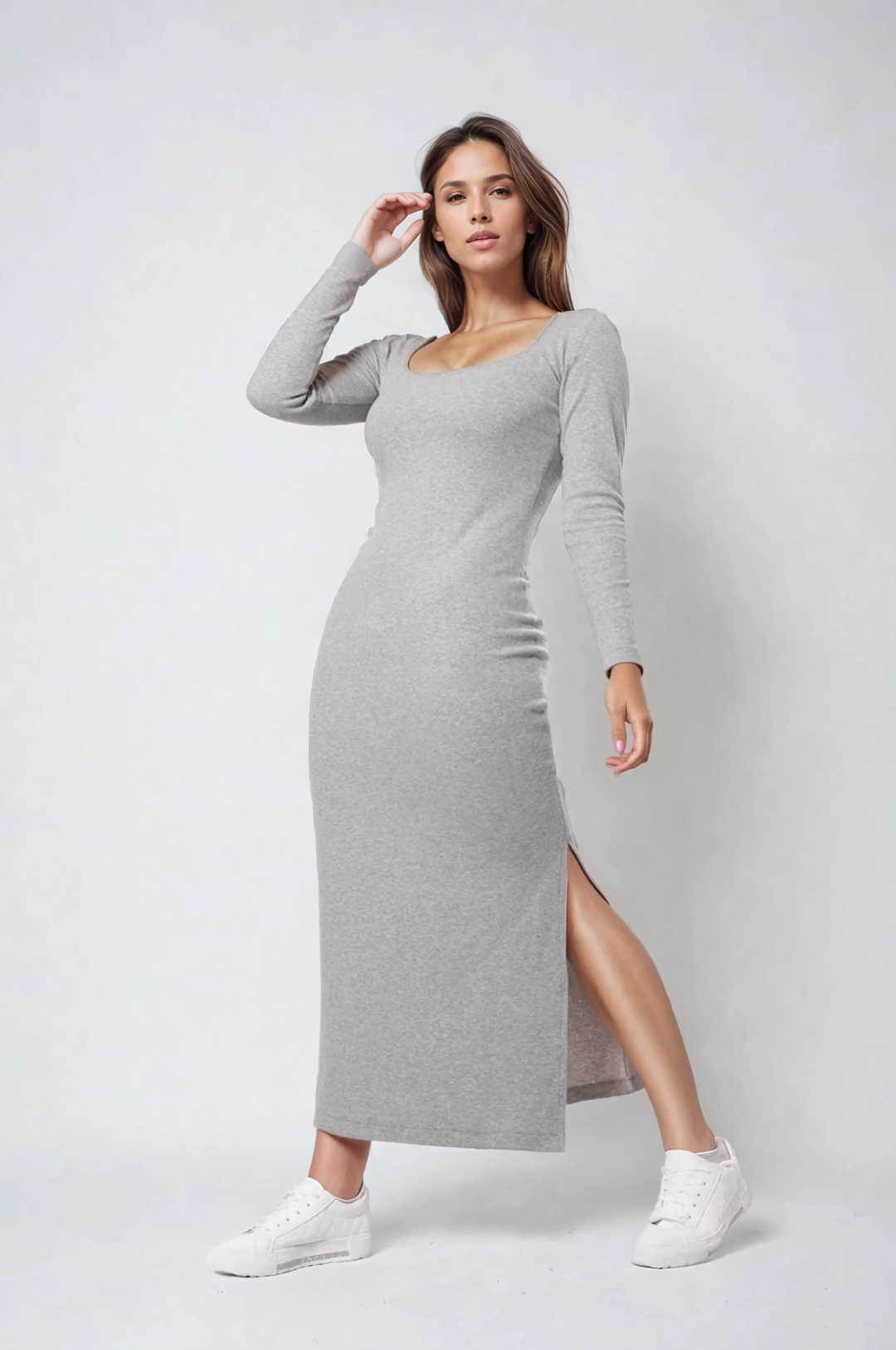 Ribbed Maxi winter dress Square neck- Grey Shape Wear Shop Ribbed Maxi winter dress Square neck- Grey Shape Wear Shop