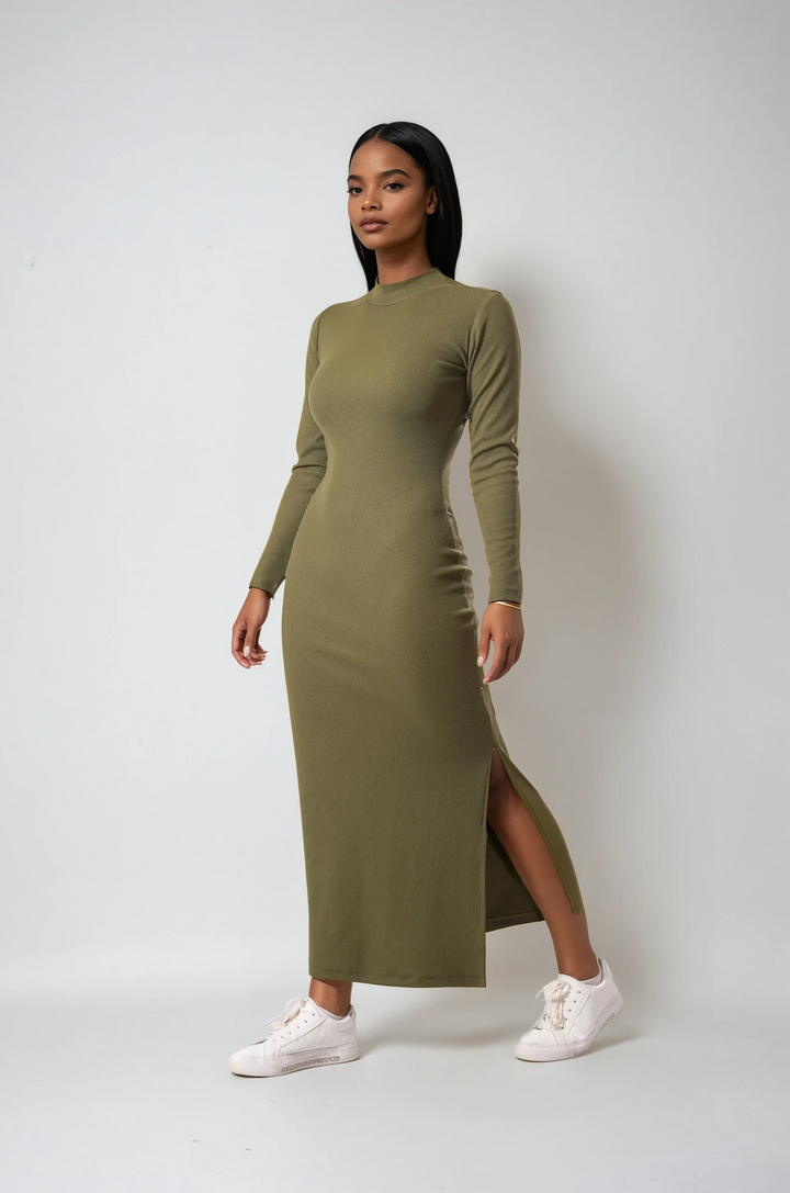 Ribbed Maxi winter dress Polar neck- Khakiaos-init aos-animate