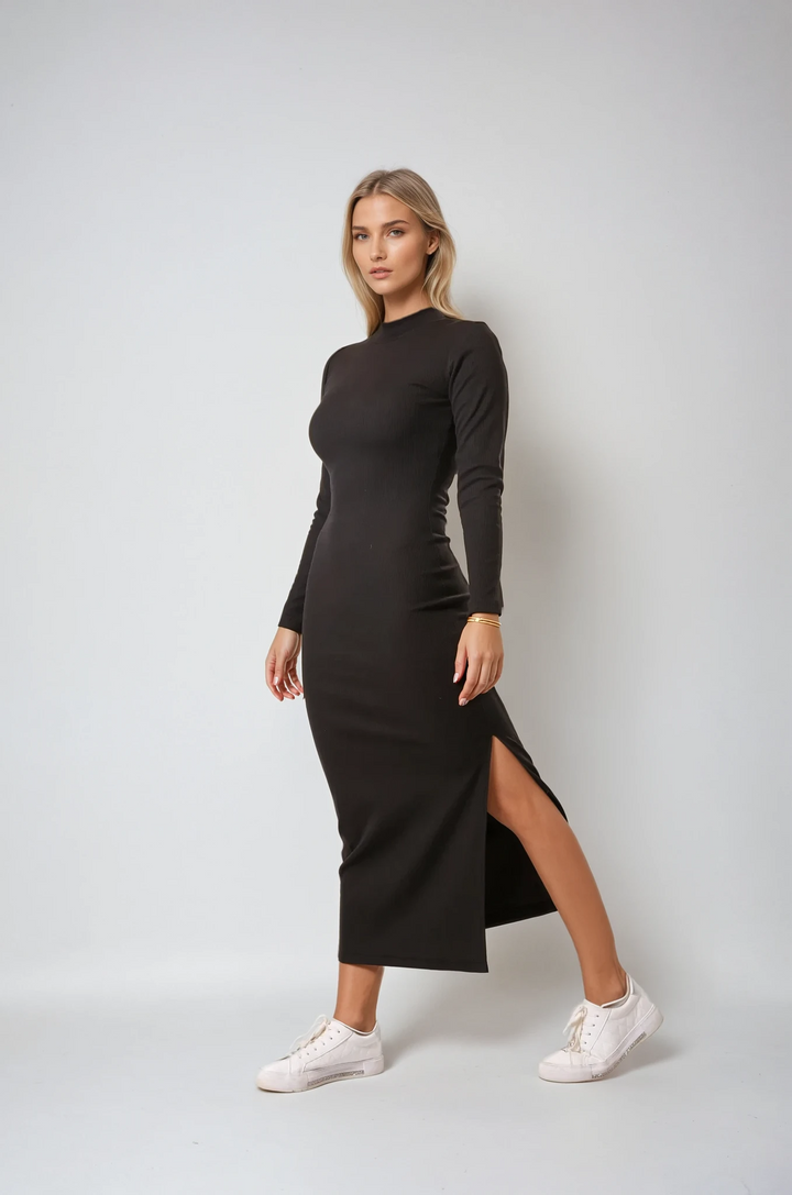 Ribbed Maxi winter dress Polar neck- Blackaos-init aos-animate