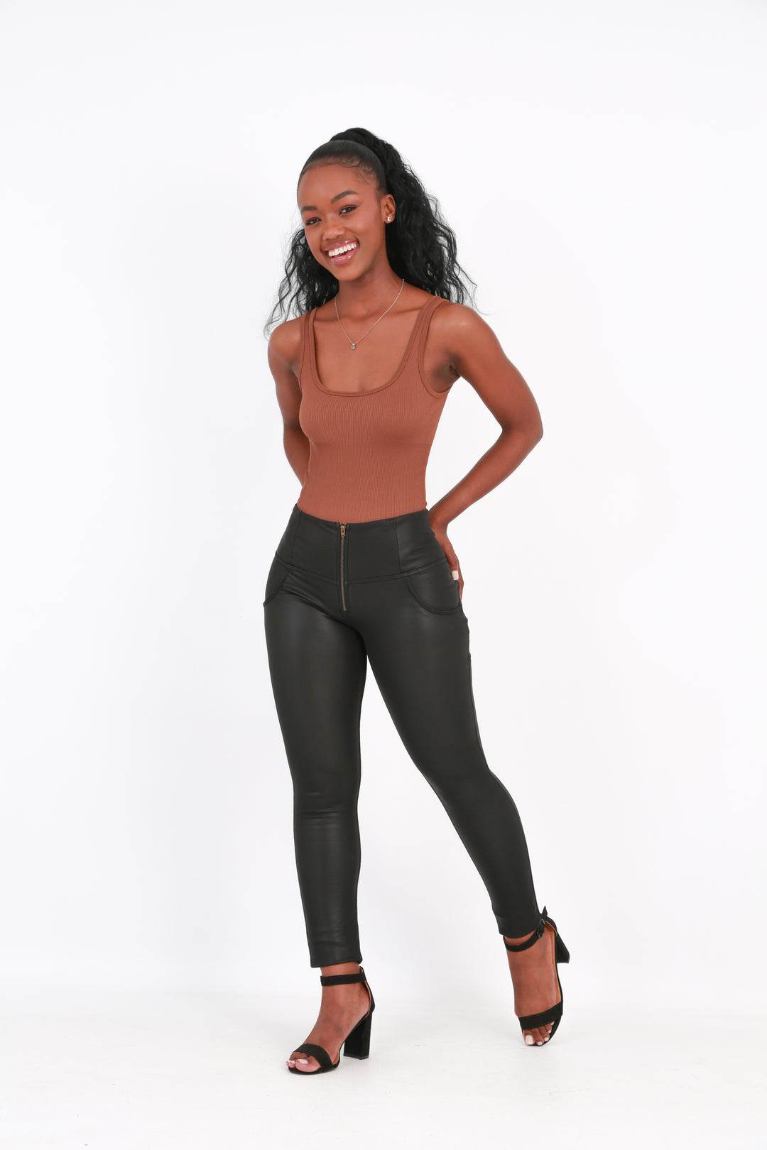 High Waist Butt Shaping leather stretch pants matt black faux