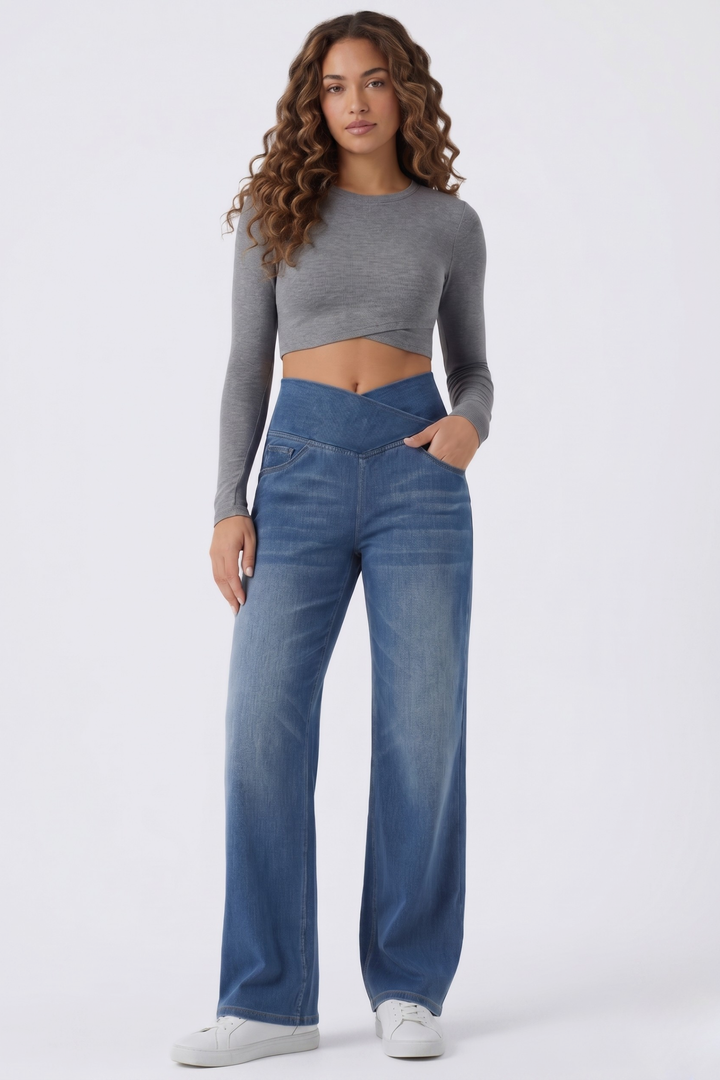 Snugz Crossover- straight leg denim pants- Medium blueaos-init aos-animate