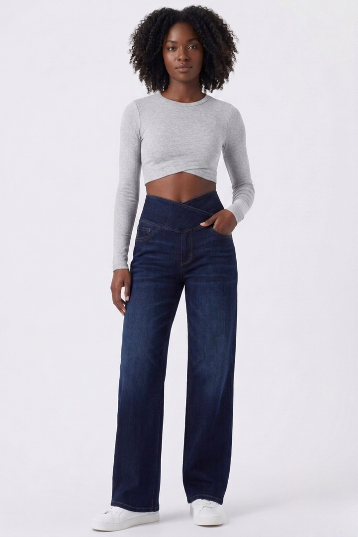 Snugz Crossover- straight leg denim pants- Dark blueaos-init aos-animate