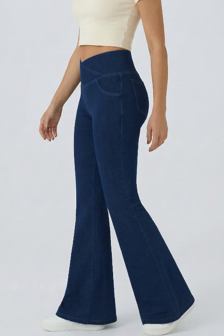 Snugz Crossover High waist Super Stretch Flare Jeggings- Dark Blueaos-init aos-animate