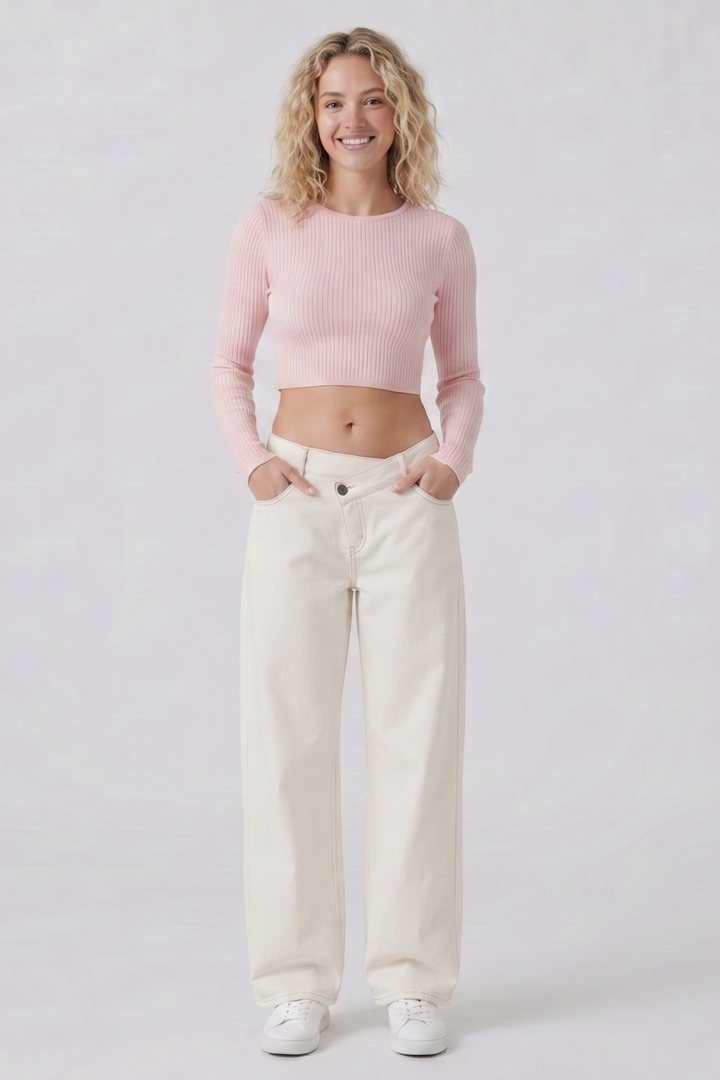 Snugz Contour Crossover Wide Leg Denim pants- Whiteaos-init aos-animate