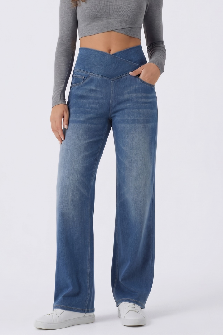 Snugz Crossover- straight leg denim pants- Medium blueaos-init aos-animate