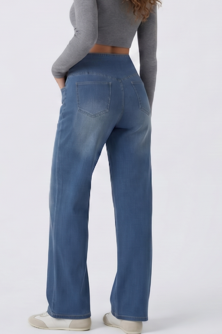 Snugz Crossover- straight leg denim pants- Medium blueaos-init aos-animate