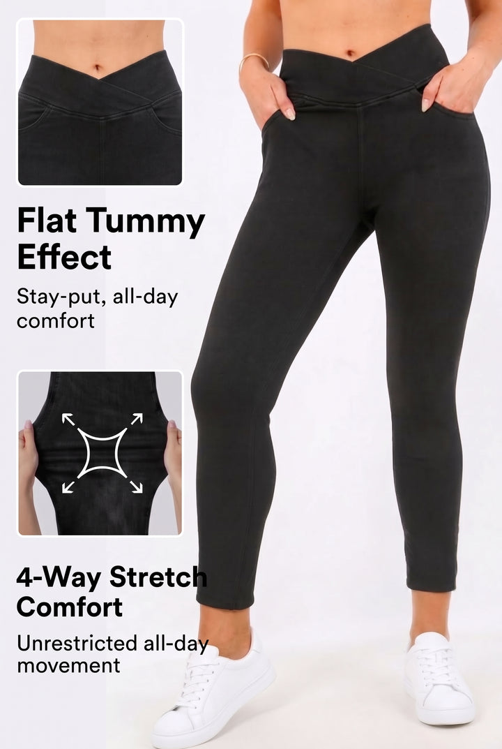 Snugz Crossover High waist Super Stretch Jeggings- Blackaos-init aos-animate
