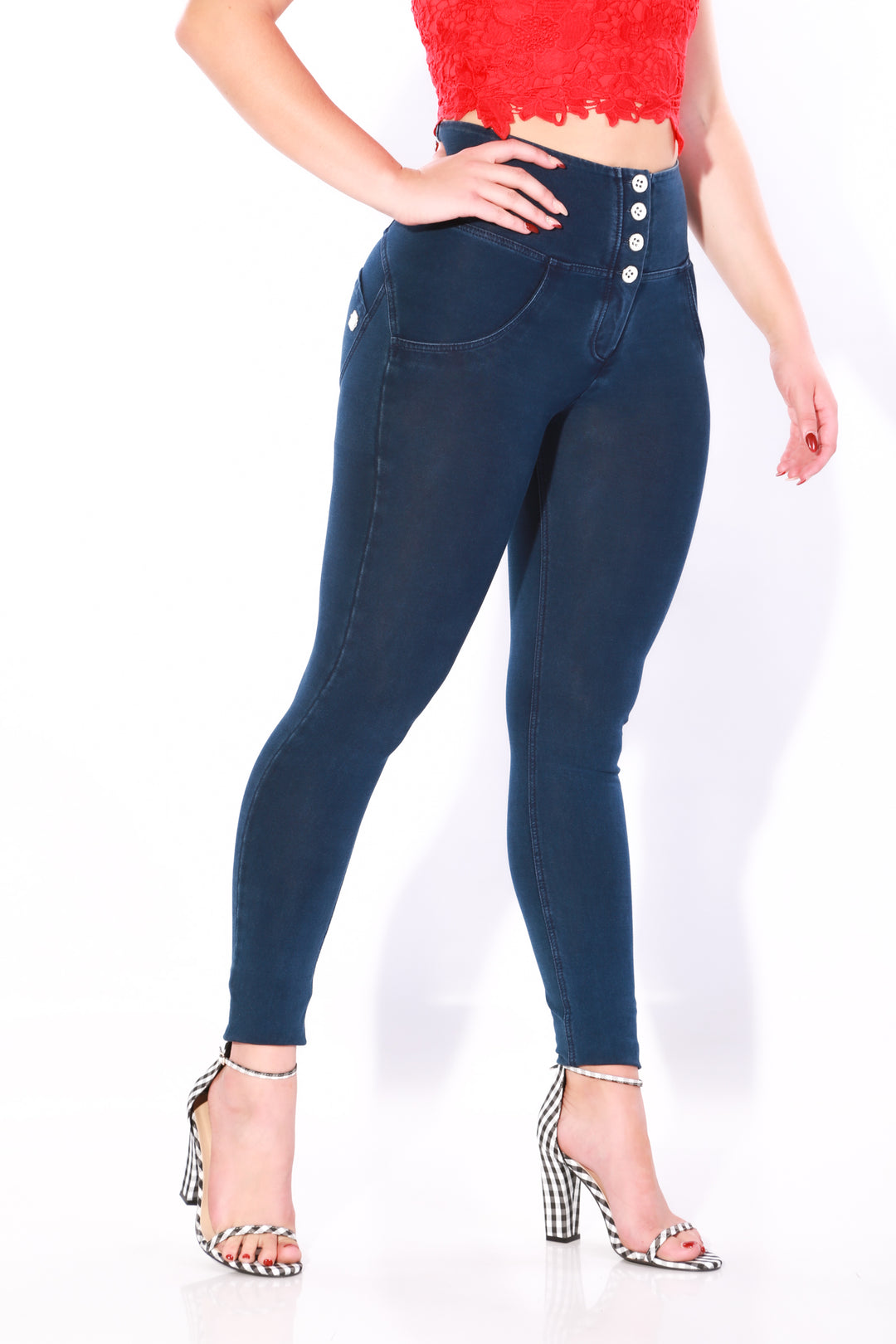 High waist Button up Butt lifting Shaping jeans Jeggings - Dark Blueaos-init aos-animate