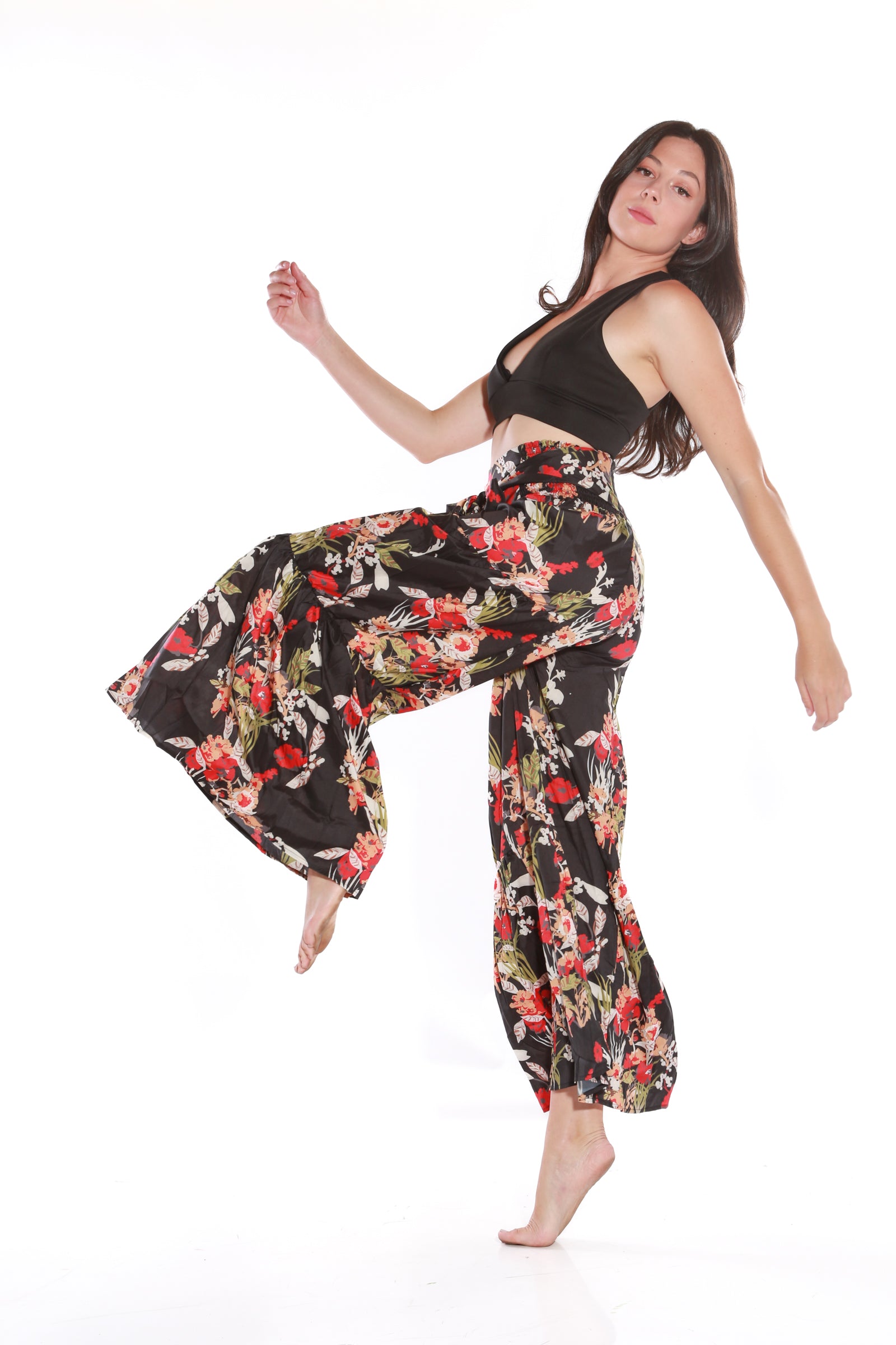 Happy Pants -tie wrap palazzo pants -Black floral – Shape Wear Shop