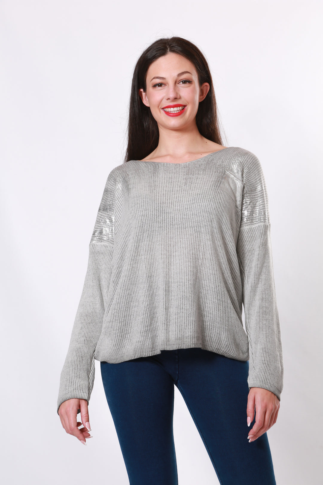 Made in Italy V neck knit with silver embellishment - Greyaos-init aos-animate