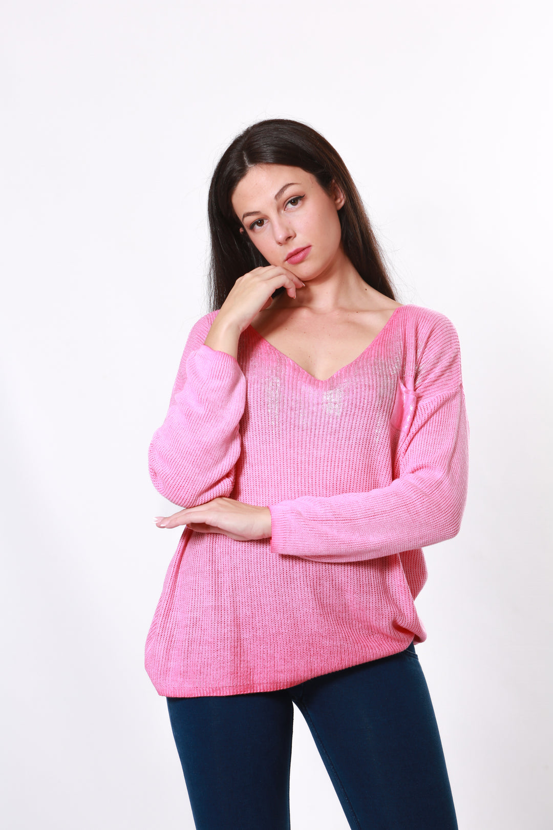 Made in Italy V neck knit with silver embellishment - Pinkaos-init aos-animate