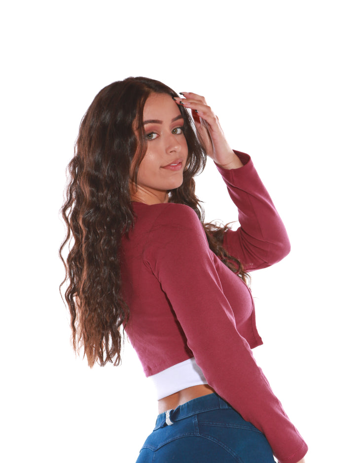 Long sleeve tie front micro crop top- Burgundyaos-init aos-animate