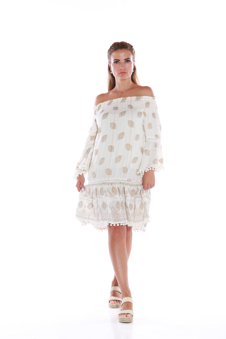 Short Off shoulder Dress with gold Lurex - Soft whiteaos-init aos-animate