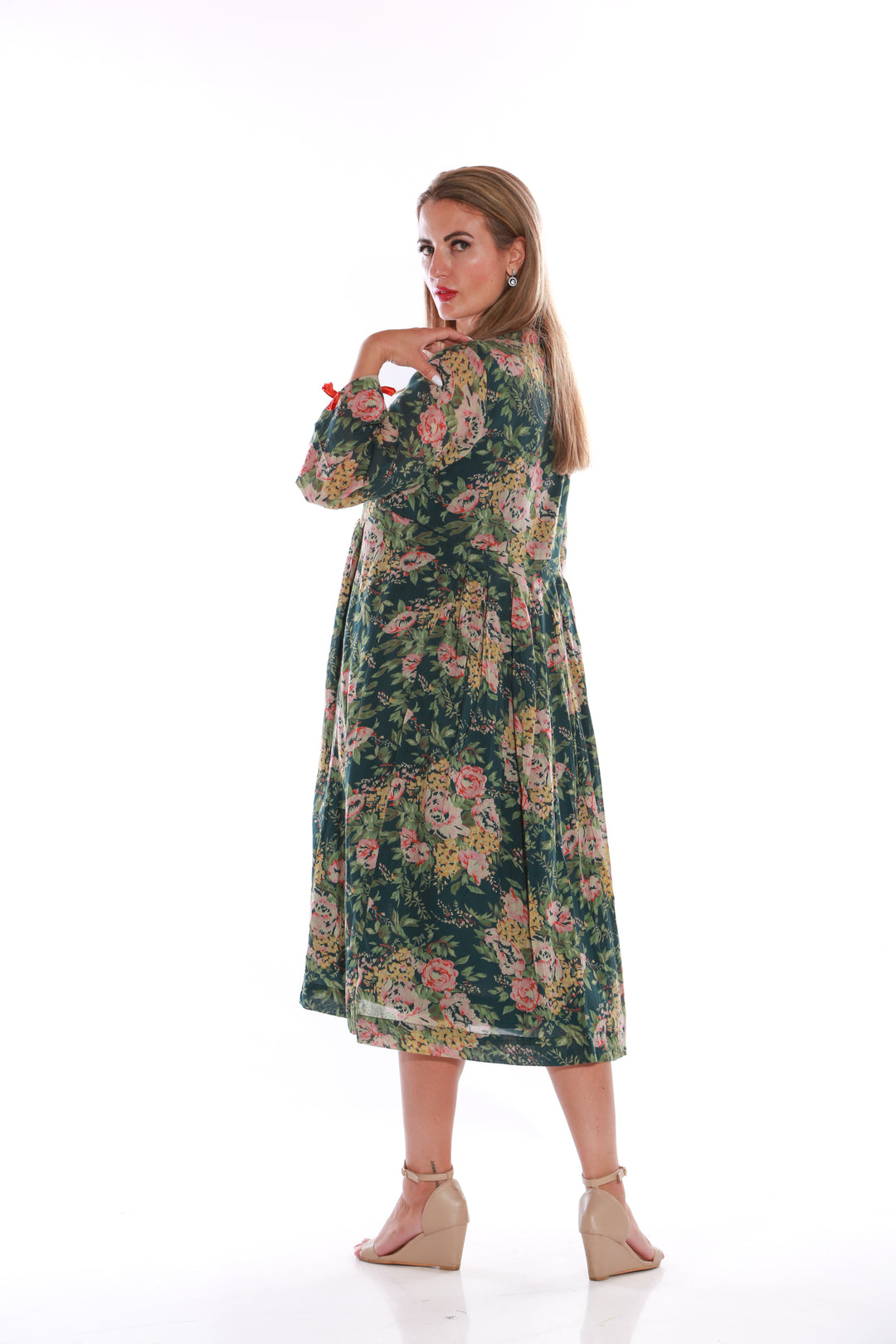Pure Cotton Long sleeve floral print midi dress- Dark greenaos-init aos-animate