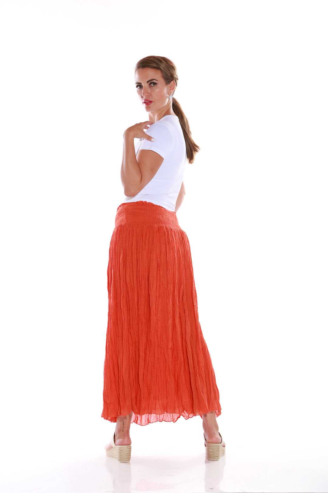 Pure cotton Smocked waist midi skirt- Orange dotsaos-init aos-animate